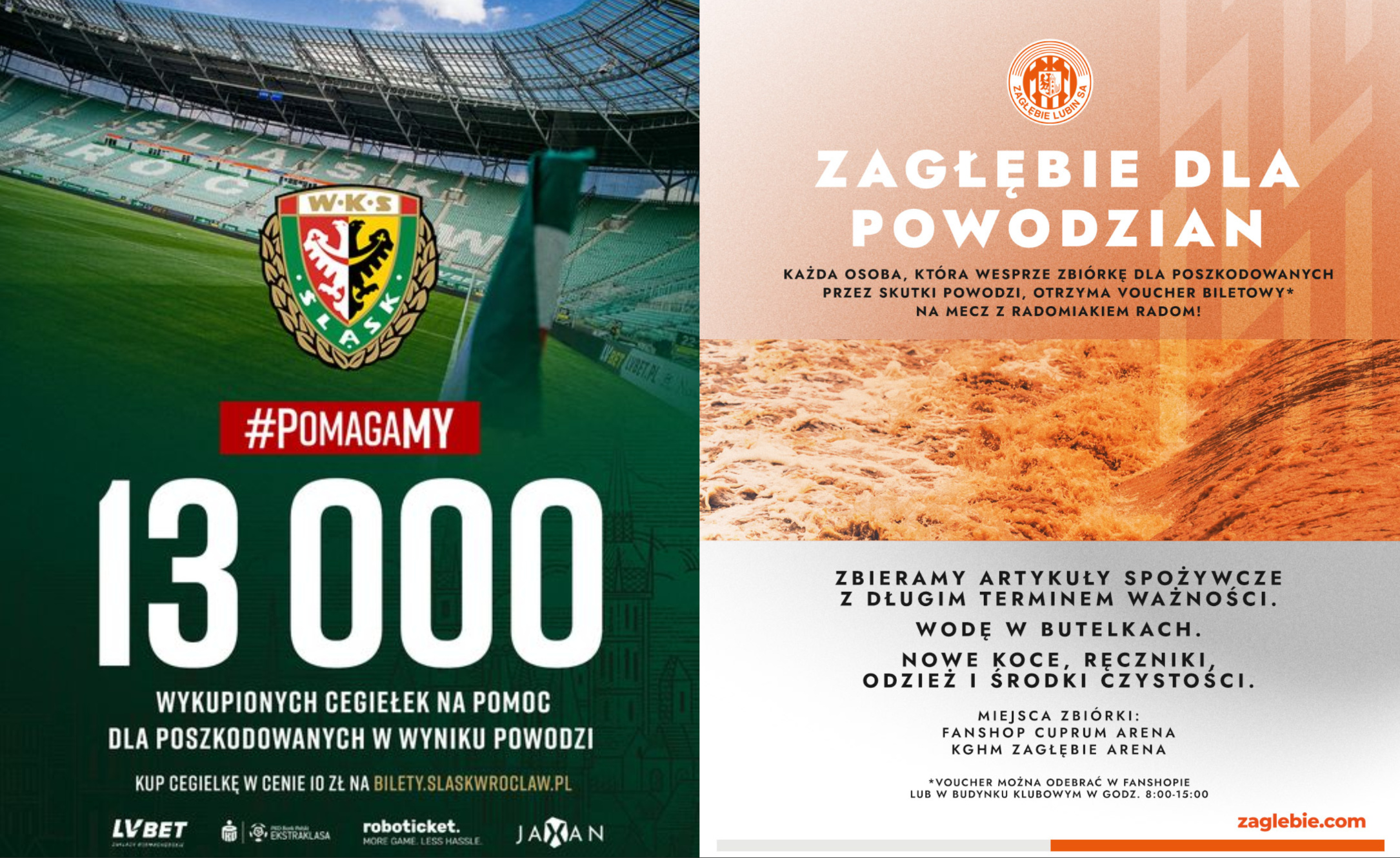 Takie kluby jak Śląsk Wrocław, Zagłębie Lubin i Miedź Legnica pomagają powodzianom.