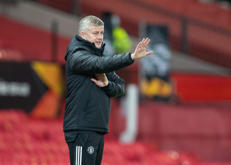 (210226) -- MANCHESTER, Feb. 26, 2021 (Xinhua) -- Manchester United&#039;s manager Ole Gunnar Solskjaer is seen during the UEFA Europa League Round of 32 second Leg football match between Manchester United and Real Sociedad in Manchester, Britain, on Feb. 25, 2021. (Xinhua)
FOR EDITORIAL USE ONLY. NOT FOR SALE FOR MARKETING OR ADVERTISING CAMPAIGNS. NO USE WITH UNAUTHORIZED AUDIO, VIDEO, DATA, FIXTURE LISTS, CLUB/LEAGUE LOGOS OR &quot;LIVE&quot; SERVICES. ONLINE IN-MATCH USE LIMITED TO 45 IMAGES, NO VIDEO EMULATION. NO USE IN BETTING, GAMES OR SINGLE CLUB/LEAGUE/PLAYER PUBLICATIONS.
2021.02.25 Manchester
Pilka nozna liga Europy
UEFA Liga Europy
Manchester United - Real Sociedad
Foto Xinhua/Xinhua/PressFocus

!!! POLAND ONLY !!!