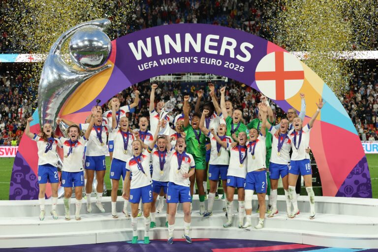 BASEL, SWITZERLAND - JULY 27: Leah Williamson and Keira Walsh of England lift the UEFA Women&#039;s EURO trophy after their team&#039;s victory in during the UEFA Women&#039;s EURO 2025 Final match between England and Spain at St. Jakob-Park on July 27, 2025 in Basel, Switzerland. (Photo by Alexander Hassenstein/Getty Images)