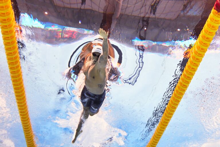 SINGAPORE, SINGAPORE - JULY 27: (EDITORS NOTE: Image was captured using an underwater robotic camera.) Shaine Casas of Team United States competes in the Men&#039;s 4x100m Freestyle Heats on day 17 of the Singapore 2025 World Aquatics Championships at World Aquatics Championships Arena on July 27, 2025 in Singapore. (Photo by Quinn Rooney/Getty Images)