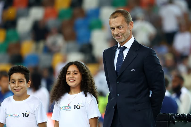 UDINE, ITALY - AUGUST 13: Aleksander Ceferin, President of UEFA, looks on, while waiting to present the UEFA Super Cup Trophy following the UEFA Super Cup 2025 match between Paris Saint-Germain and Tottenham Hotspur at Stadio Friuli on August 13, 2025 in Udine, Italy. (Photo by Francesco Scaccianoce/Getty Images)