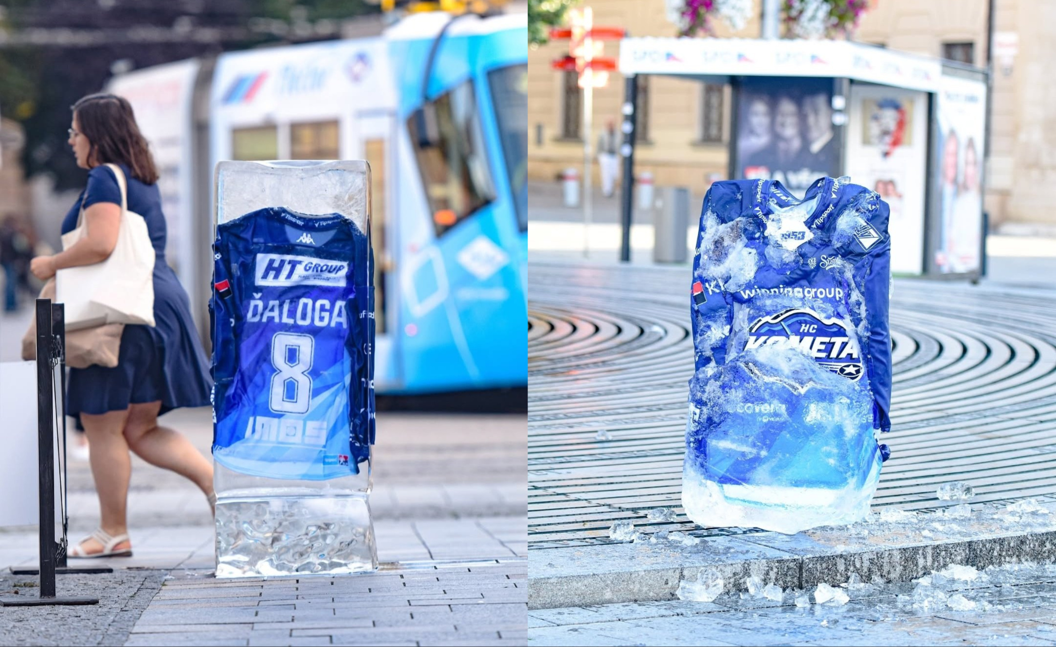 Czeski klub Kometa Brno umieścił koszulki hokeistów w bryłach lodu
