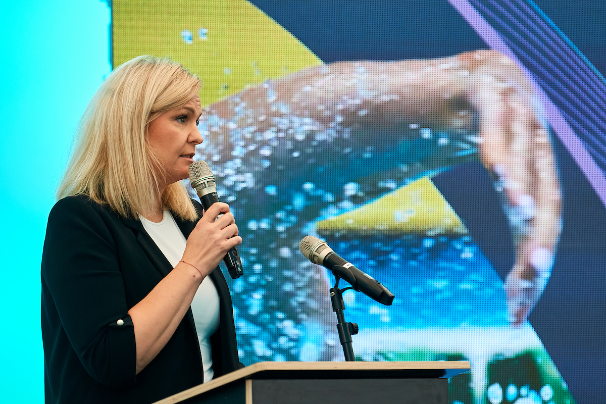 Warsaw, Poland - 2025 September 19: Otylia Jedrzejczak - President of the Polish Swimming Federation (the Olympic champion from 2004 Athens) speaks while 3rd International Conference for Swimming Coaches at Renaissance Warsaw Airport Hotel on September 19, 2025 in Warsaw, Poland.

Mandatory credit:
Photo by © Adam Nurkiewicz / PZP

Adam Nurkiewicz declares that he has no rights to the image of people at the photographs of his authorship.

Any editorial, commercial or promotional use requires written permission from the author of image.

Image can be used in the press when the method of use and the signature does not hurt people on the picture.