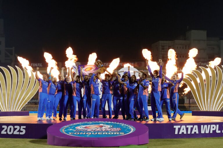 Mumbai Indians players pose for picture with trophy during final match of the Women&#039;s Premier League 2025 (WPL) between the Delhi Capitals and the Mumbai Indians held at the Brabourne Stadium, Mumbai, India on the 15th March 2025

Photo by; Arjun Singh / Sportzpics for WPL