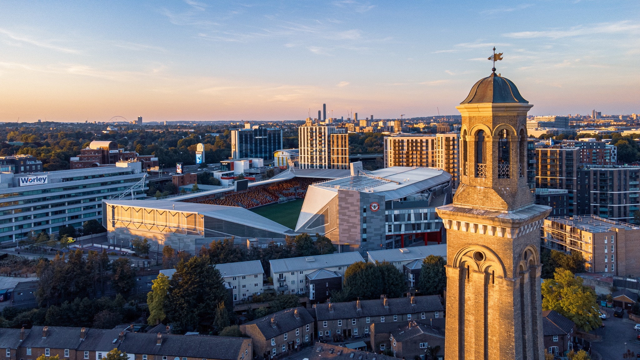 London, United Kingdom – August 07, 2022: An aerial view of Gtech Community Stadium at sunset. London, UK