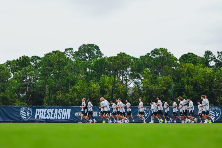 Sporting KC warms up before training at The Gardens North County District Park in West Palm Beach, Florida, on January 12th, 2026.
