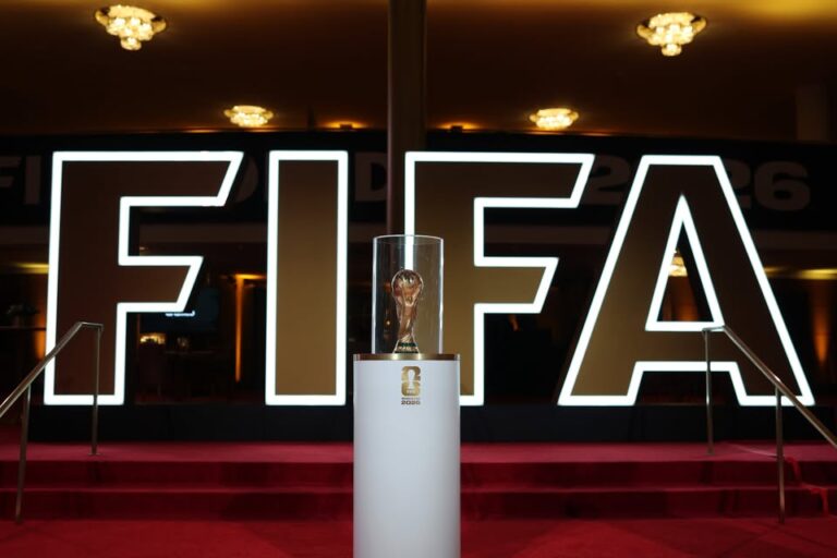 WASHINGTON, DC - DECEMBER 04: A detailed view of the FIFA World Cup Trophy during the VIP Welcome Reception ahead of the FIFA World Cup 2026 Official Draw at John F. Kennedy Center for the Performing Arts on December 04, 2025 in Washington, DC.  (Photo by Michael Regan - FIFA/FIFA via Getty Images)