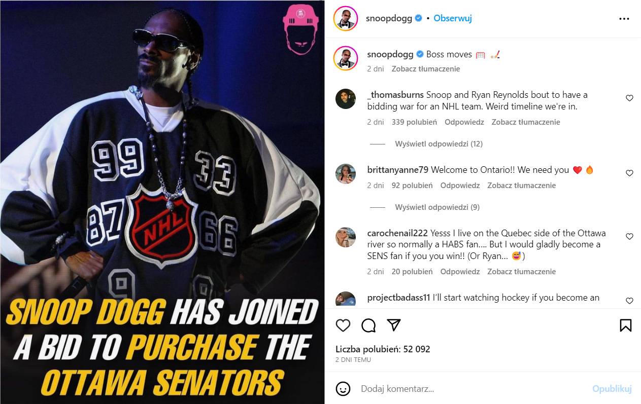 Snoop Dogg z chęcią kupienia Ottawy Senators